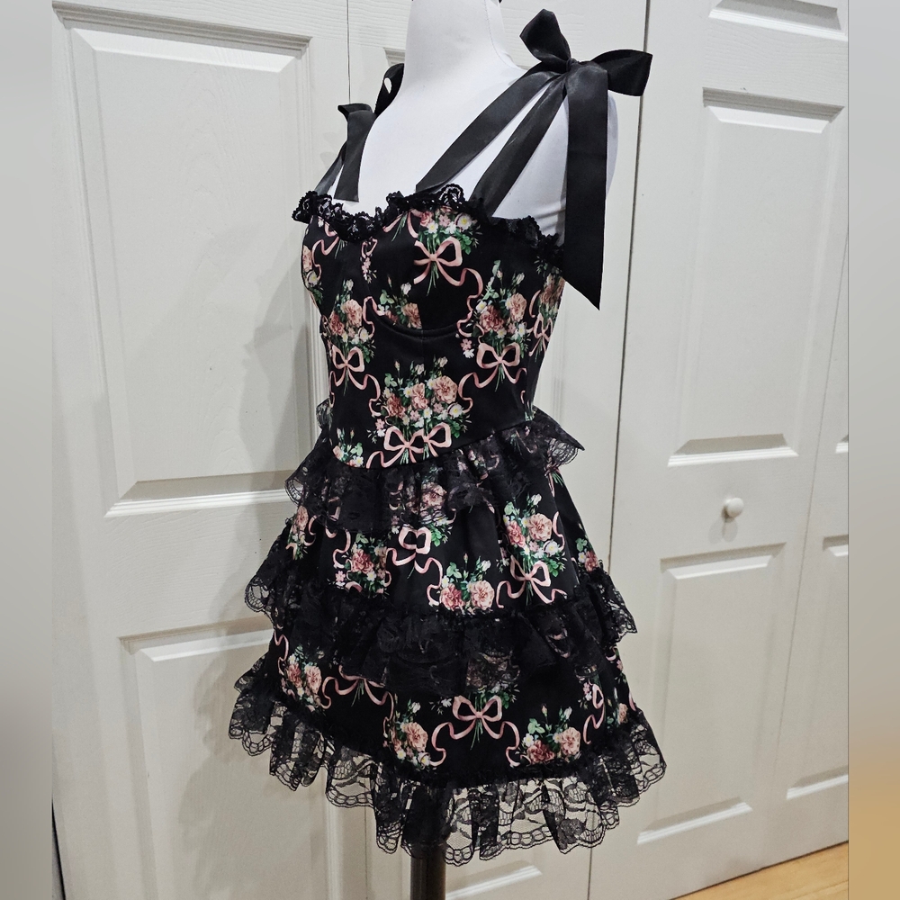Dolls Kill Widow Goth Bows Floral Bewitched Bloom Tiered Black Lace Mini Dress - Picture 8 of 11
